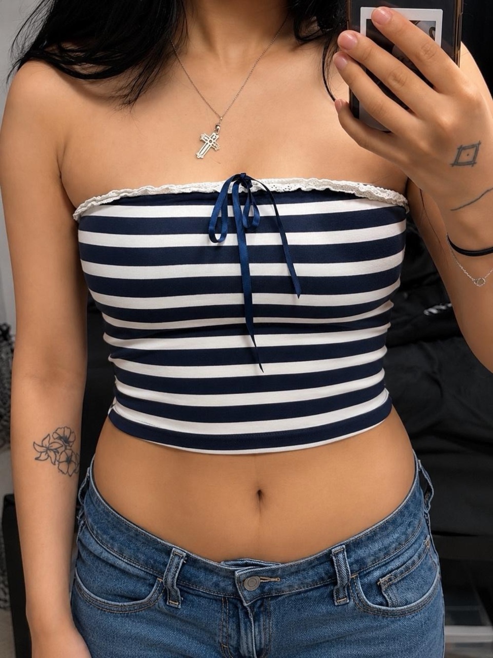 Kimchi Blue Navy & White Striped Strapless Tube Top with Lace Trim
